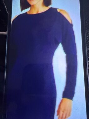 RALPH LAUREN Black Label midi navy blue gold chain/buttons split sleeve dress